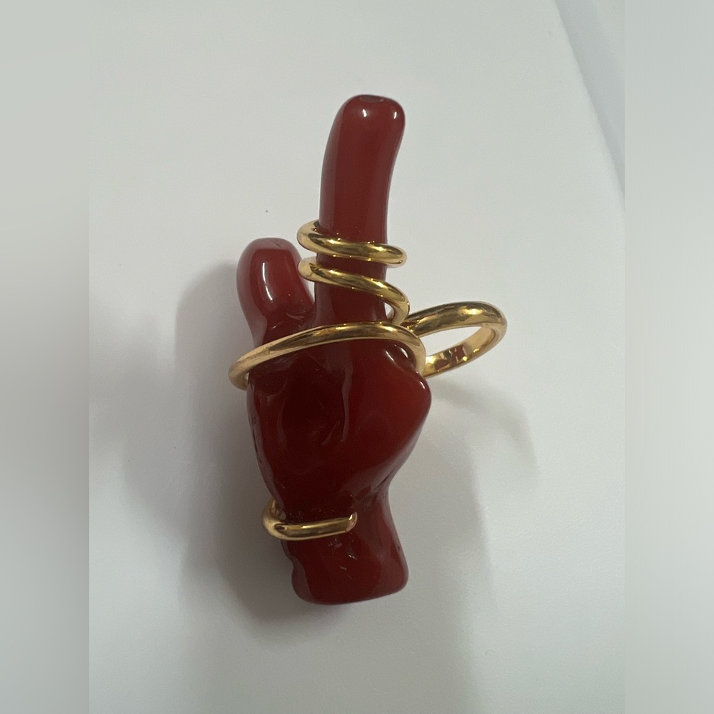 Zara Faux Red Coral Gold Size 6 Ring Resin Brass Zinc Resort Beach Ocean